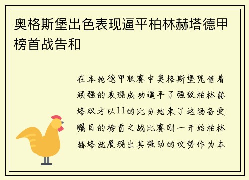 奥格斯堡出色表现逼平柏林赫塔德甲榜首战告和