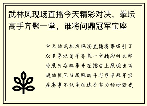 武林风现场直播今天精彩对决，拳坛高手齐聚一堂，谁将问鼎冠军宝座