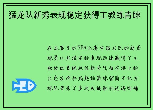 猛龙队新秀表现稳定获得主教练青睐