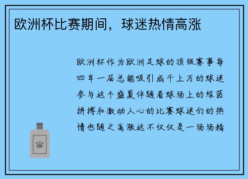 欧洲杯比赛期间，球迷热情高涨