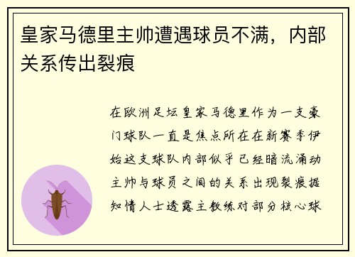 皇家马德里主帅遭遇球员不满，内部关系传出裂痕